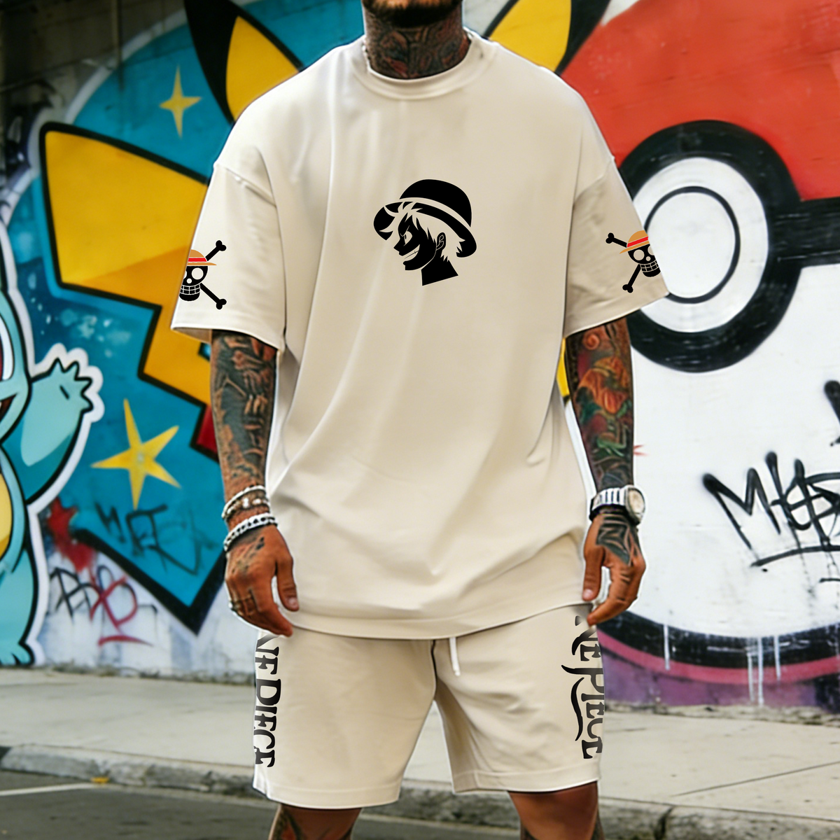OP-Unisex Anime Inspired Vintage T-shirt& Shorts 2 Pieces Set