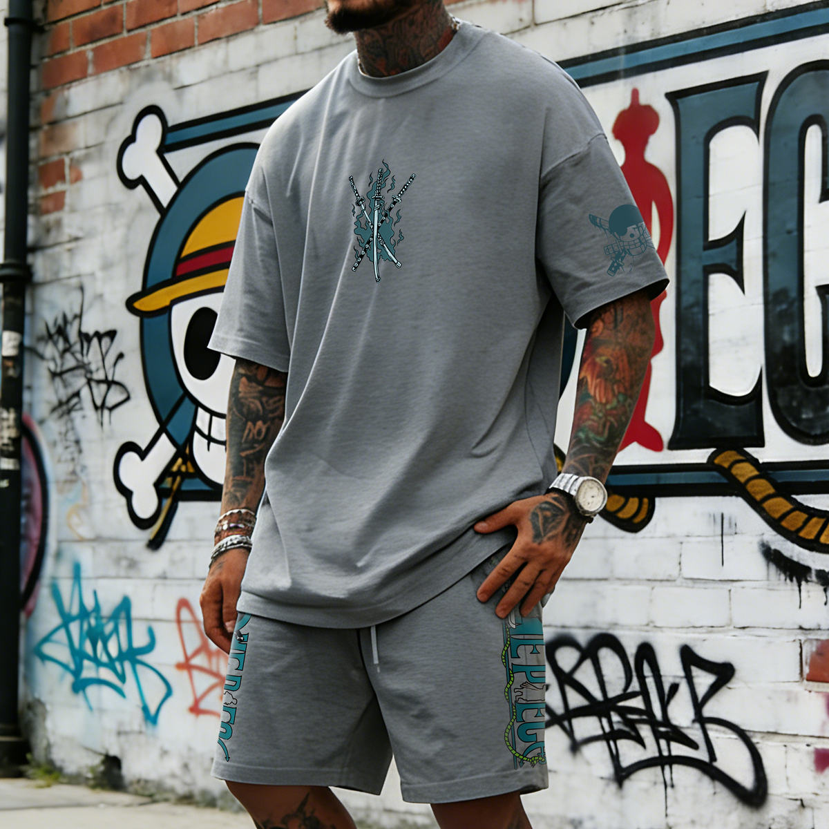 OP-Unisex Anime Inspired Vintage T-shirt& Shorts 2 Pieces Set