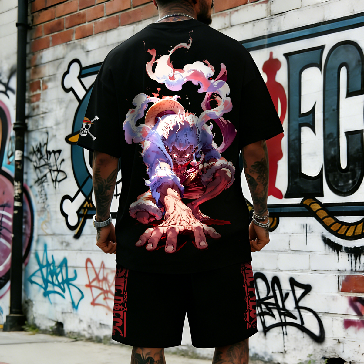 OP-Unisex Anime Inspired Vintage T-shirt& Shorts 2 Pieces Set