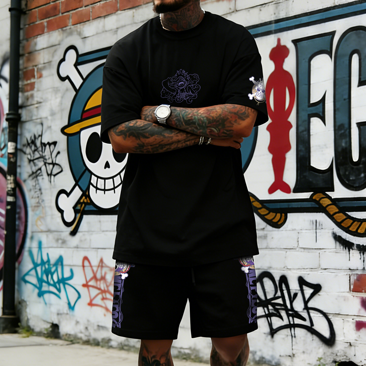 OP-Unisex Anime Inspired Vintage T-shirt& Shorts 2 Pieces Set