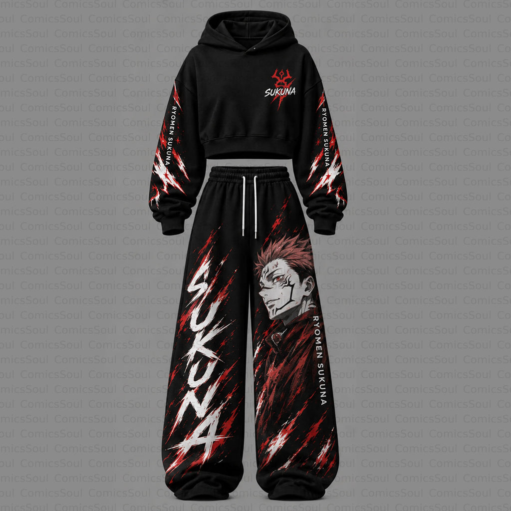 Jujutsu Kaisen Cropped Long Sleeve Hoodie & High Waist Jogger Pants Two Piece