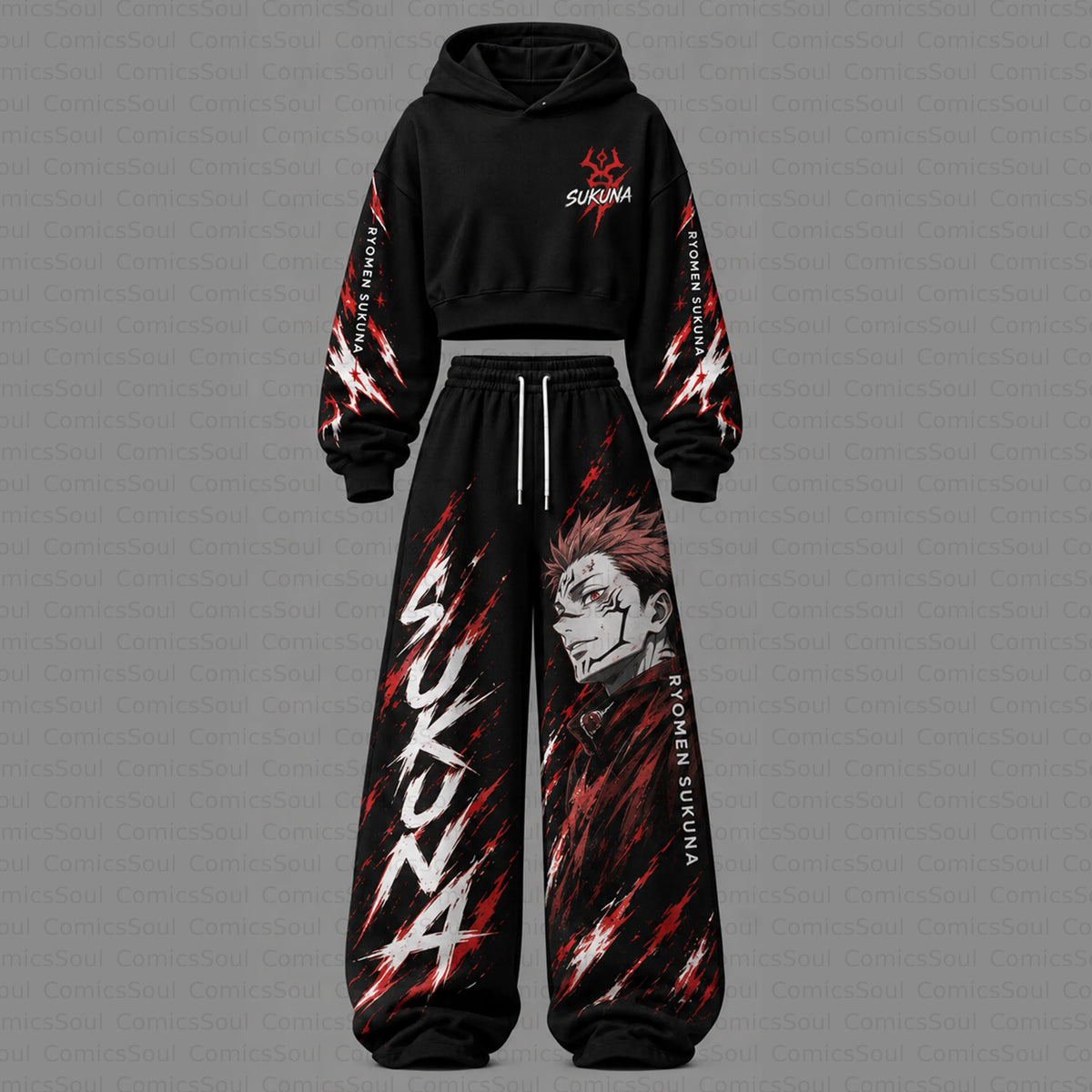Jujutsu Kaisen Cropped Long Sleeve Hoodie & High Waist Jogger Pants Two Piece