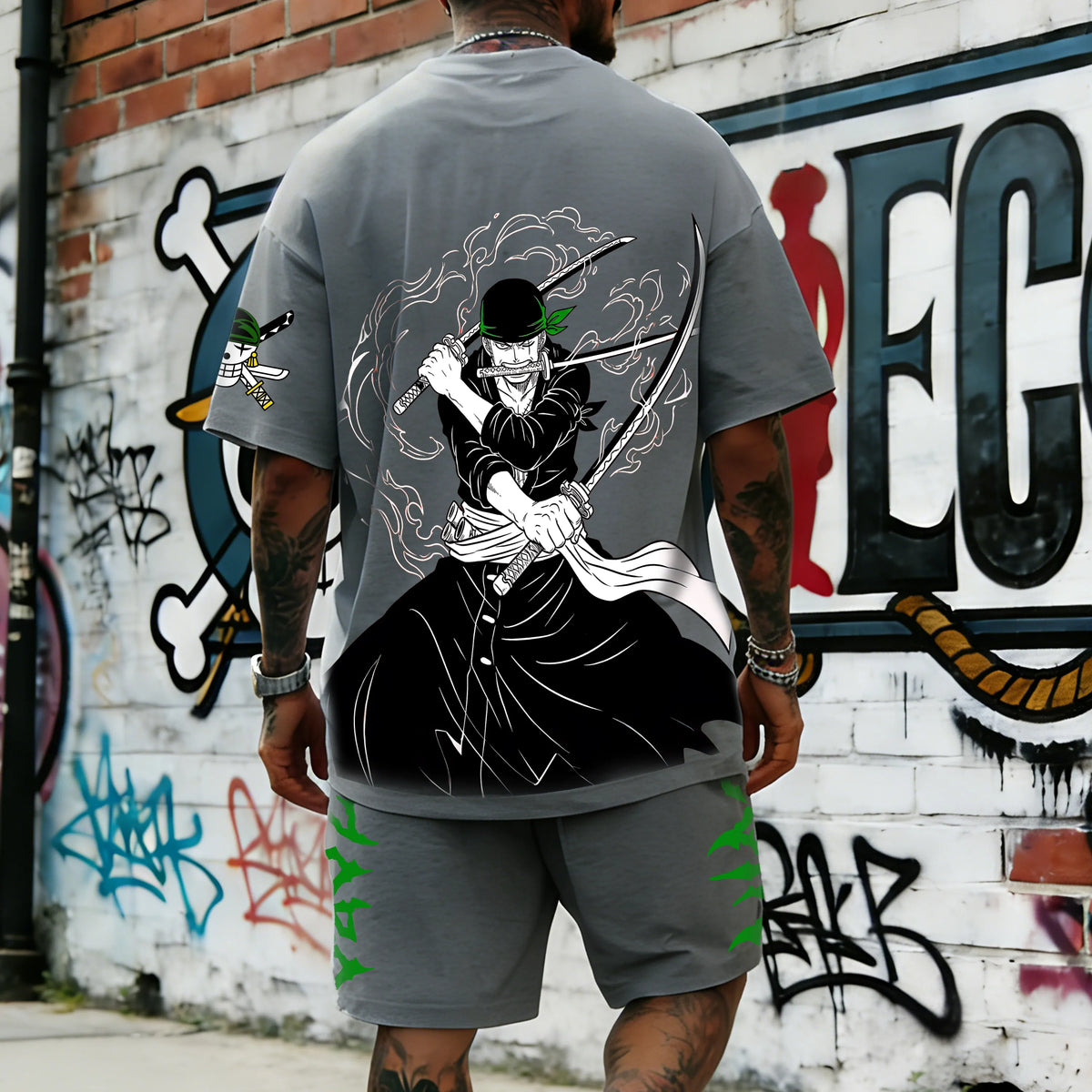 OP-Unisex Anime Inspired Vintage T-shirt& Shorts 2 Pieces Set