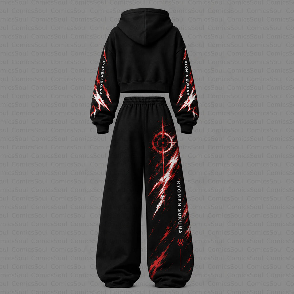 Jujutsu Kaisen Cropped Long Sleeve Hoodie & High Waist Jogger Pants Two Piece