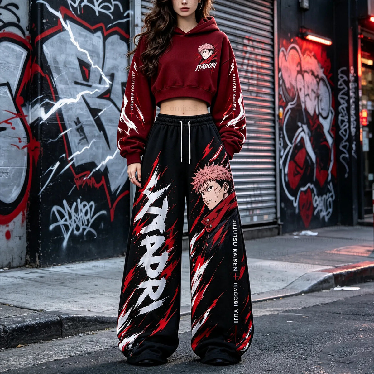 Jujutsu Kaisen Cropped Long Sleeve Hoodie & High Waist Jogger Pants Two Piece